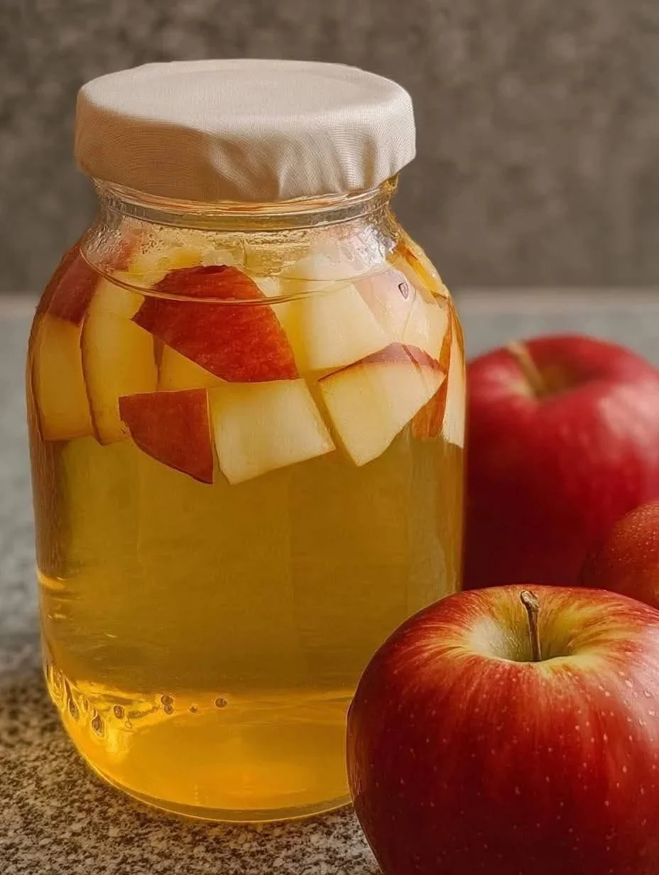 Bebida de manzana fermentada en un vaso con manzanas frescas al fondo