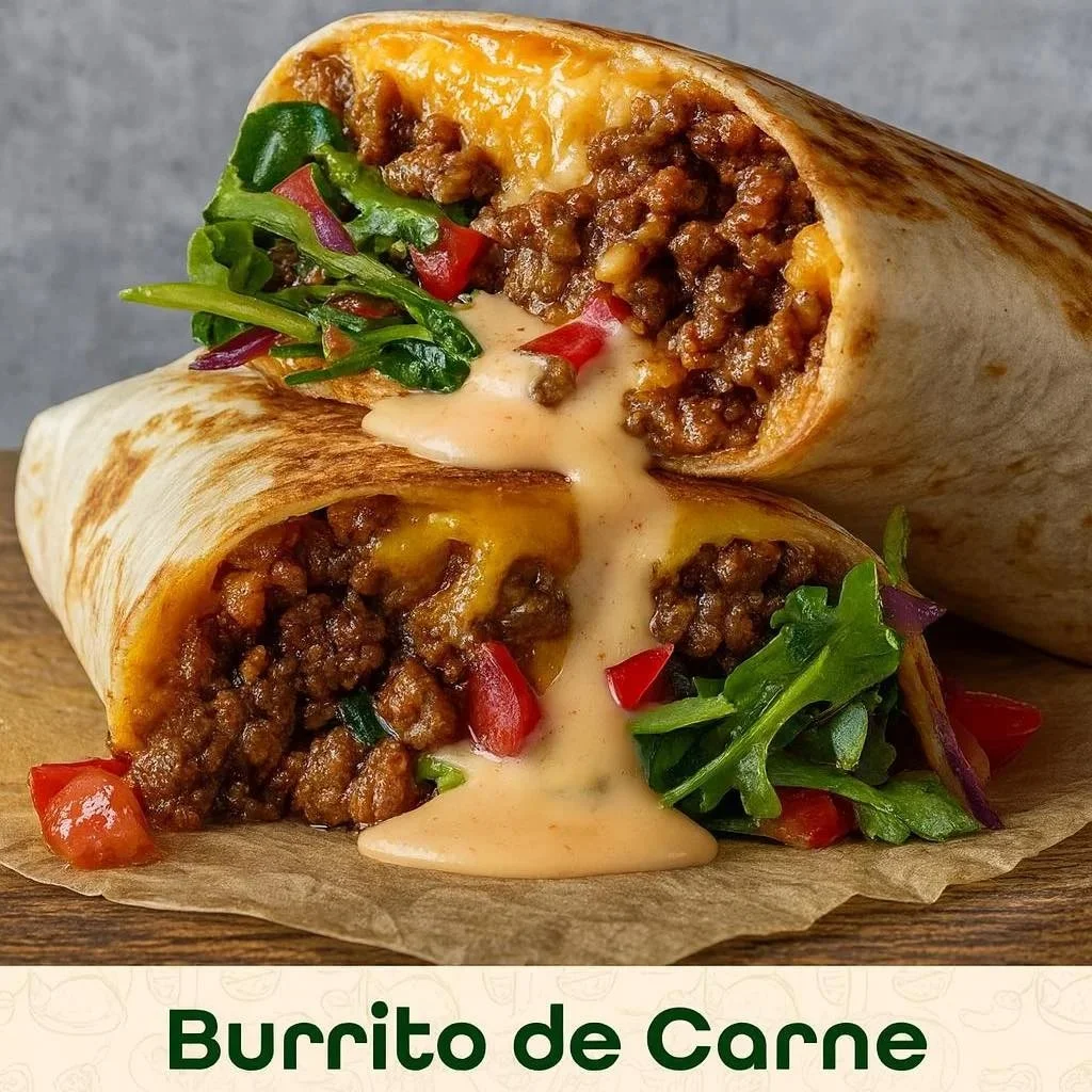 Burrito de carne con queso y salsa cremosa sobre un plato colorido