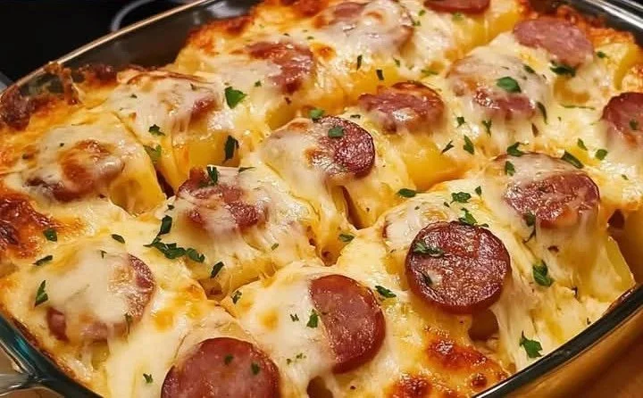 Cazuela de Papas al horno con queso y salchichas recién salida del horno