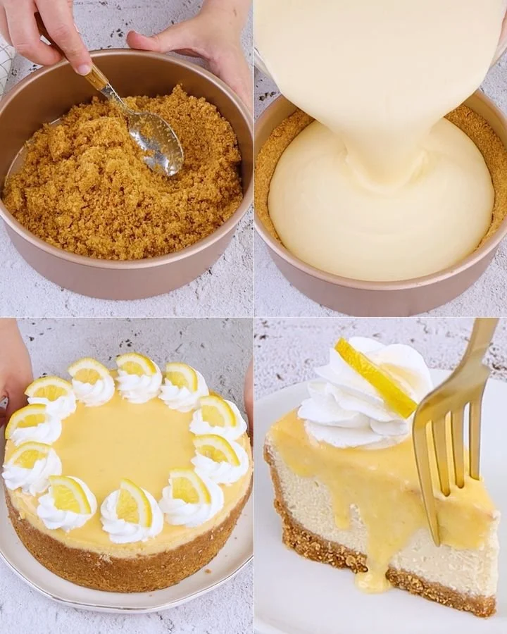 Deliciosa cheesecake de limón servida en un plato decorado.