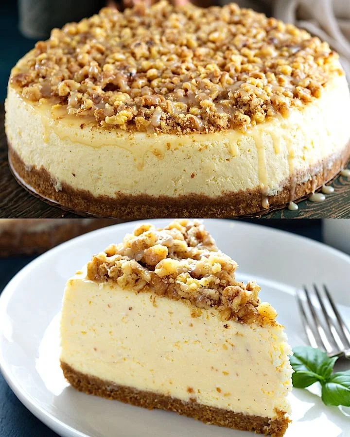 Delicioso Cheesecake de Nuez con una base crujiente y cobertura de nueces.