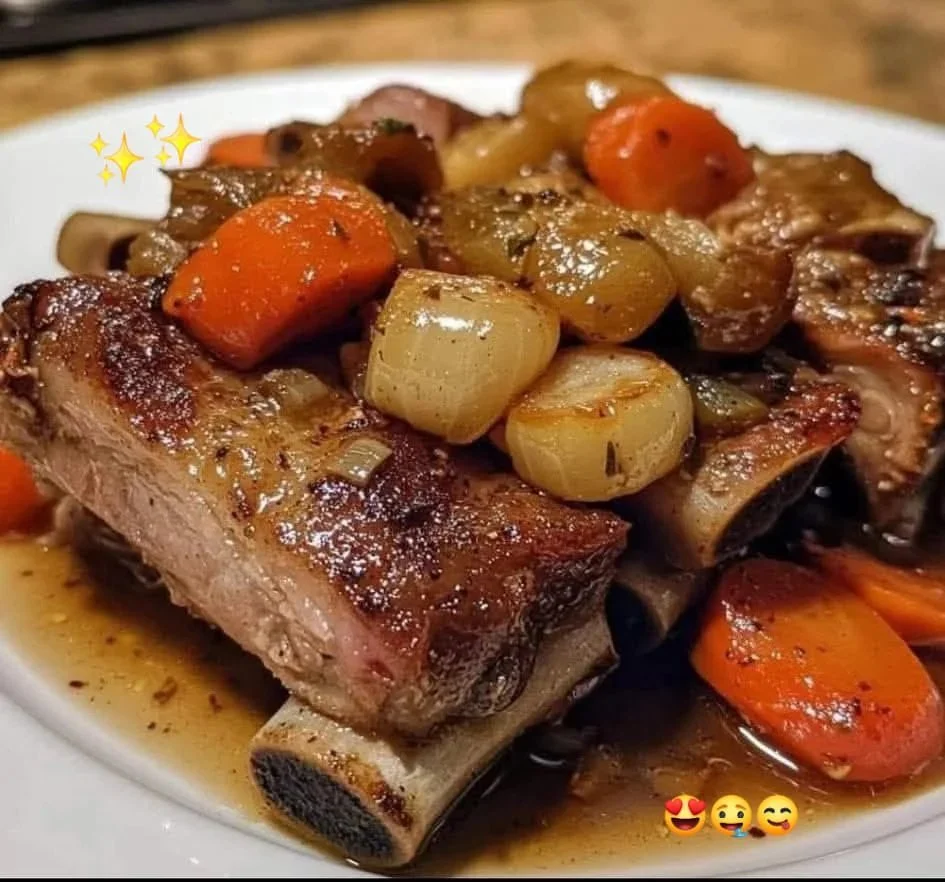 Costillas de cerdo guisadas en una sartén con verduras y salsa