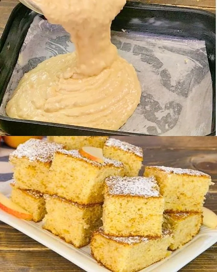 Cuadrados de bizcocho de manzana recién horneados sobre una mesa.