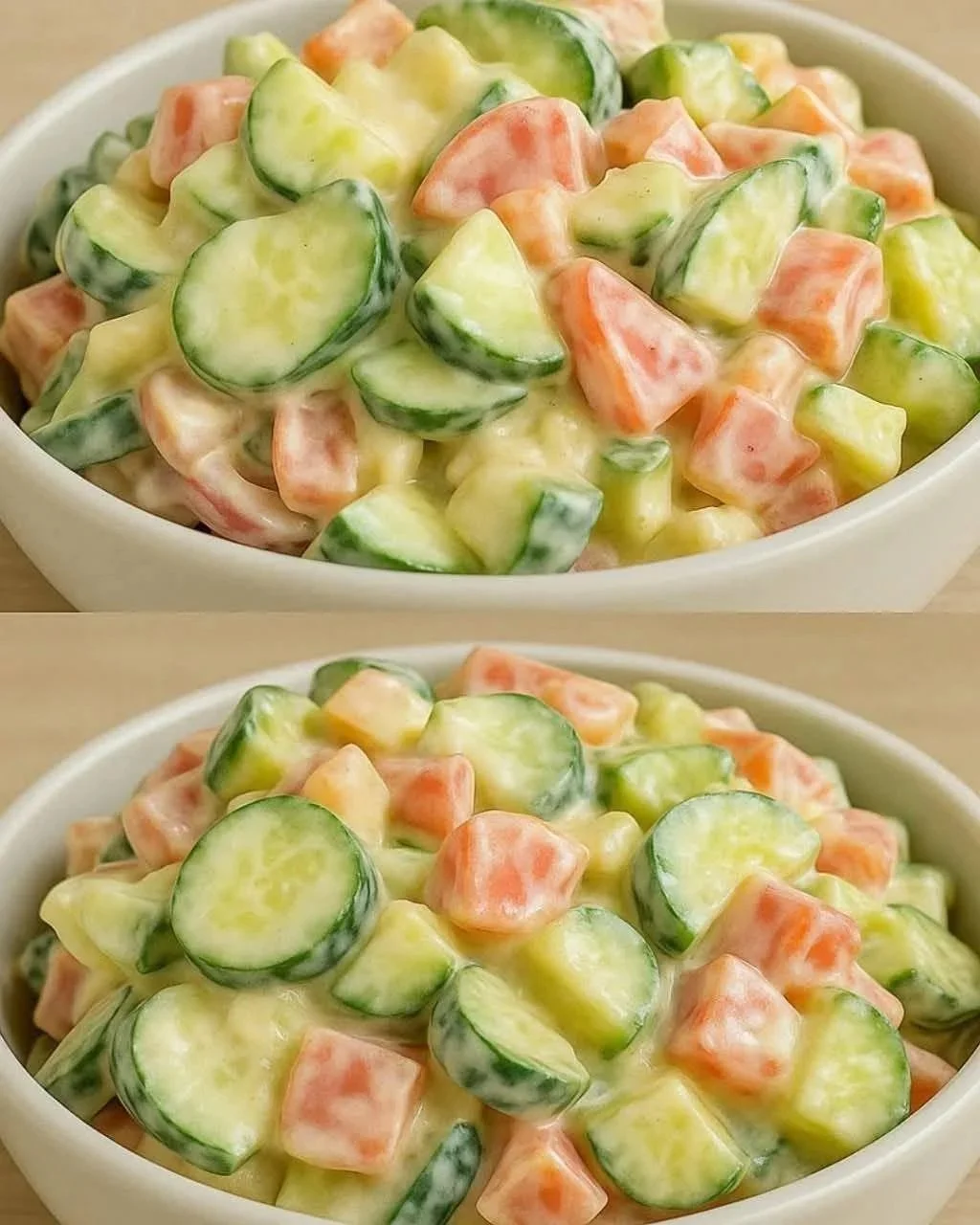 Ensalada cremosa de pepino con verduras frescas