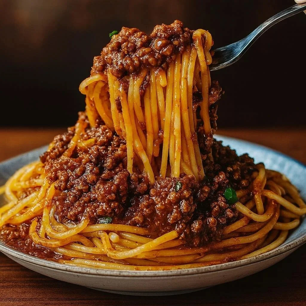 Plato de espagueti a la boloñesa servido en un bol con salsa rica y carne picada