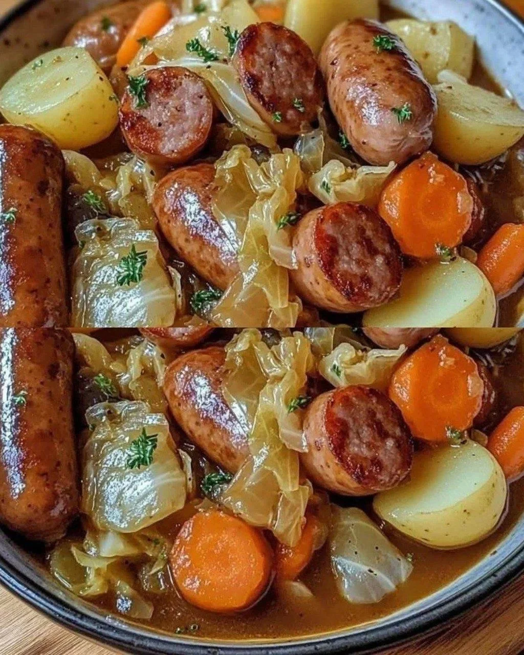 Estofado de salchichas y verduras en un plato humeante