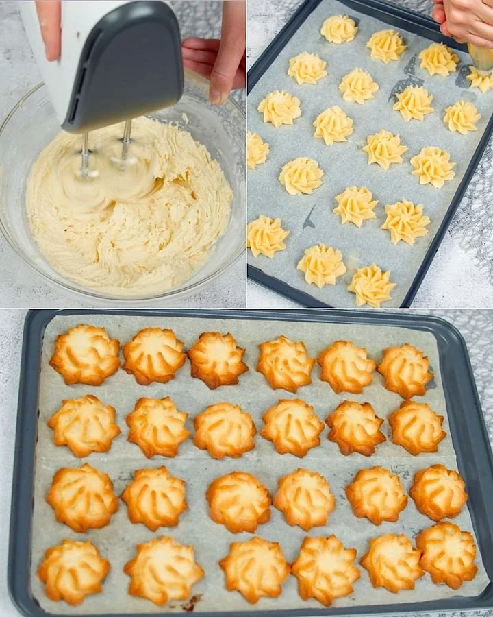 Imagen de galletas de mantequilla recién horneadas y doradas.