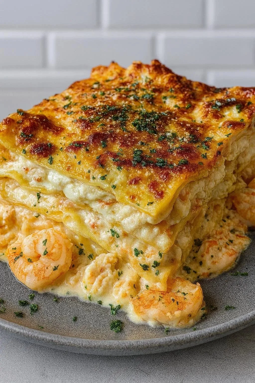 Plato de lasagna de camarones recién horneada con queso y hierbas frescas.