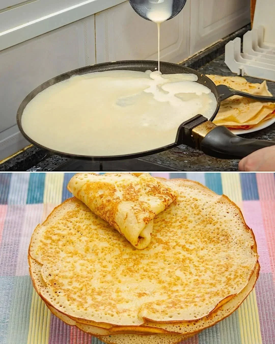 Masa para crepes recién hecha en un plato con ingredientes alrededor.
