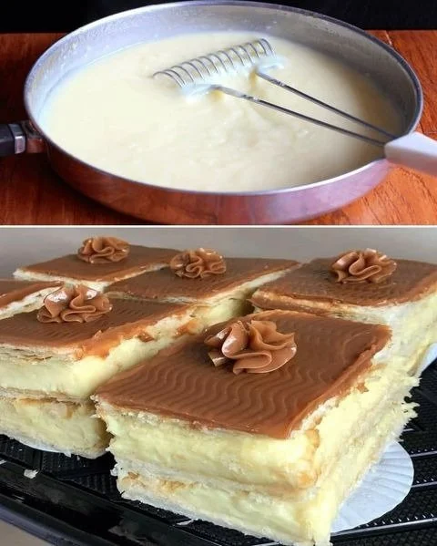 Plato de milhojas de arequipe con arequipe y capas crujientes.