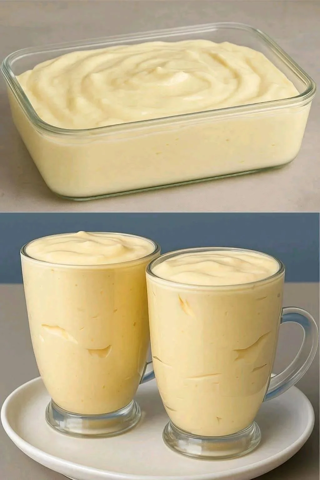 Mousse de fruta de la pasión cremosa decorada con frutas frescas.