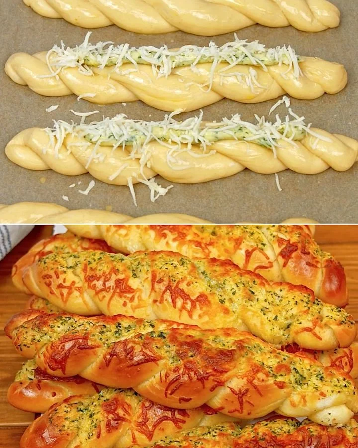 Pan trenza de ajo recién horneado, dorado y delicioso.