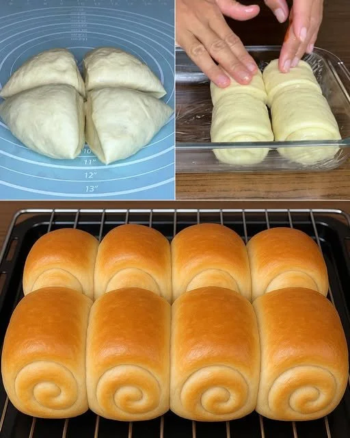 Panecillos suaves y esponjosos recién horneados en una bandeja.