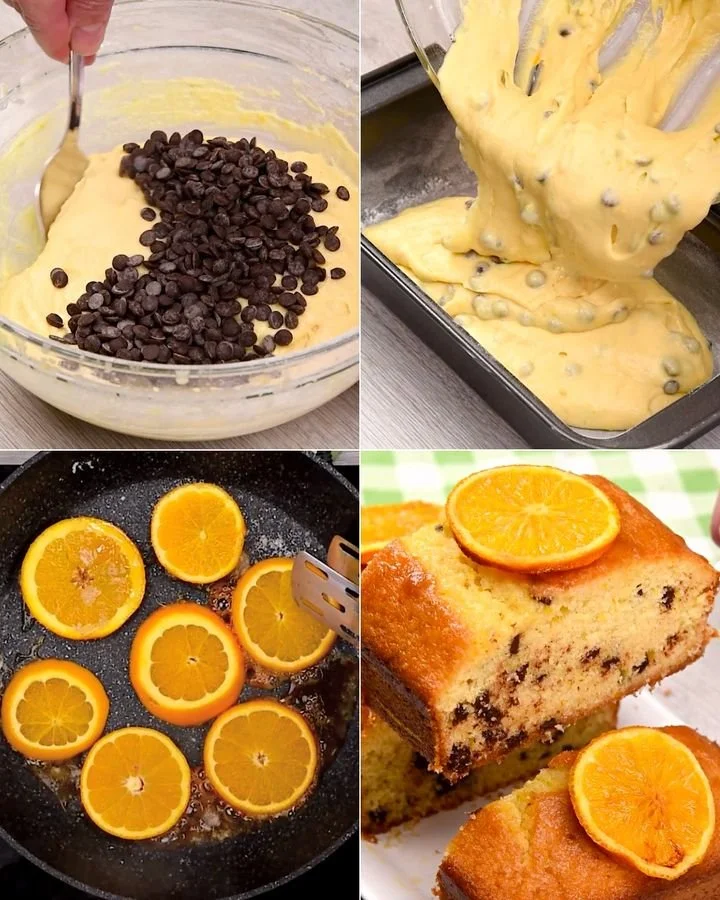 Pastel de naranja húmedo con chispas de chocolate en un plato