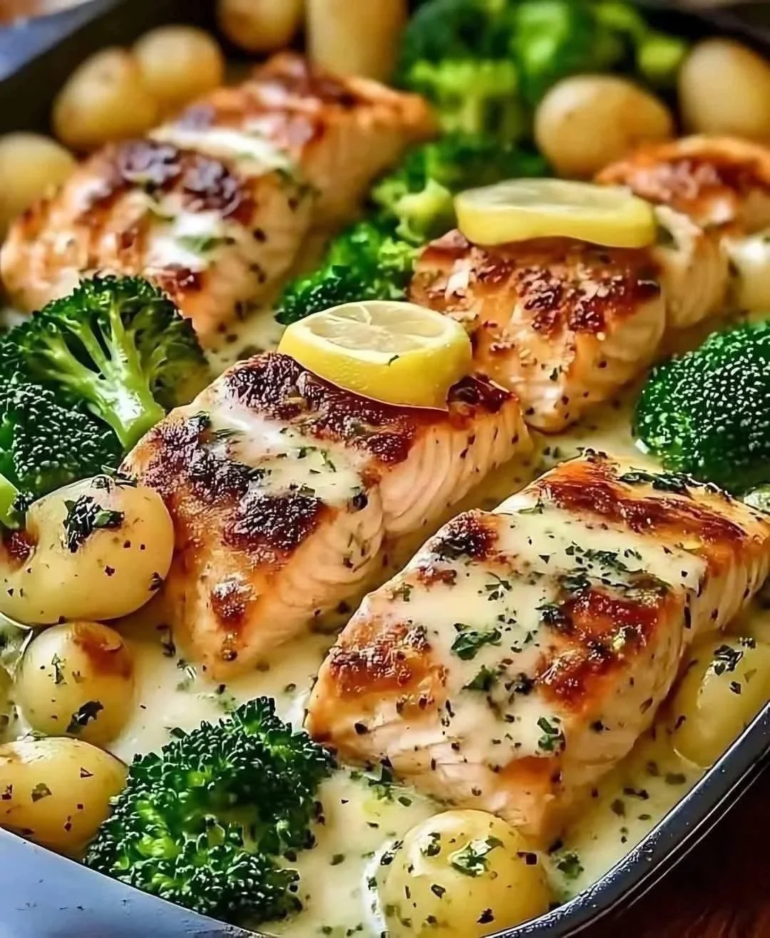 Salmón con mantequilla de limón y papas crujientes, acompañado de brócoli fresco.