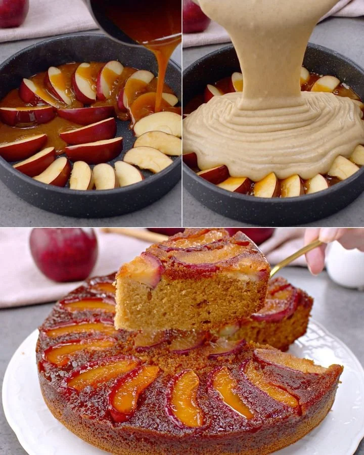 Tarta de manzana invertida recién horneada, con manzanas caramelizadas y masa dorada.