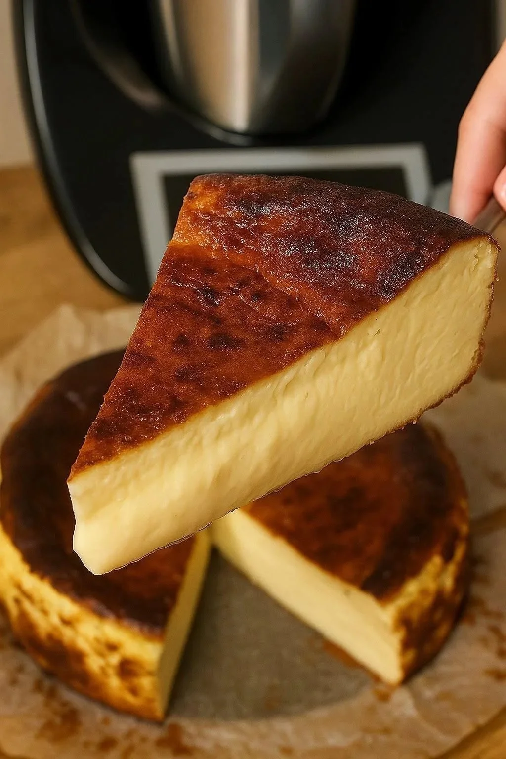 Tarta de queso estilo San Sebastián, cremosa y dorada, sobre un plato decorativo