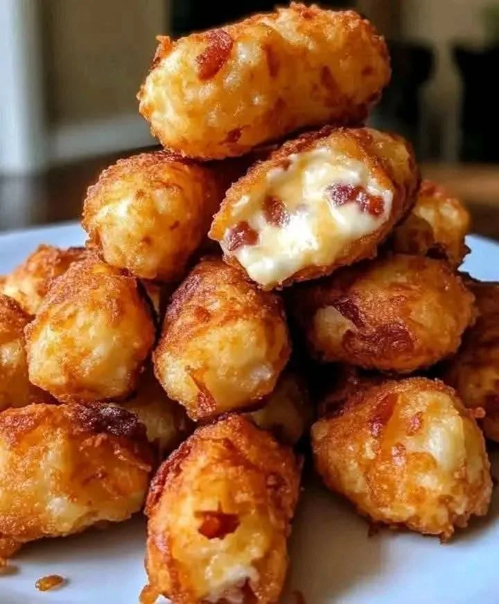 Tater tots rellenos de tocino y queso en un plato